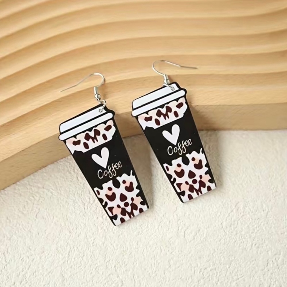 Earrings Coffee Cup Dangle Pierced Acrylic - Brown and White